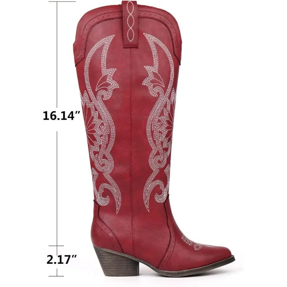 Women's Red Faux Leather Pointed Toe and Block Heel Classic Embroidered Boot